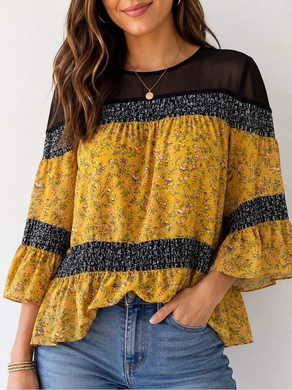 THML Mustard Ruched Floral Ruffle Peplum Blouse Black Yoke 3/4 Bell Sleeve M